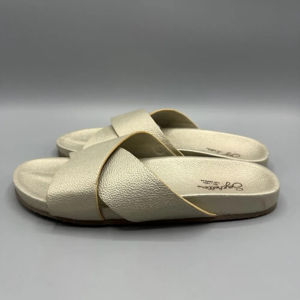 Seychelles Heartfelt Leather Slides Sandals In Gold Metallic Cross Strap Size 8